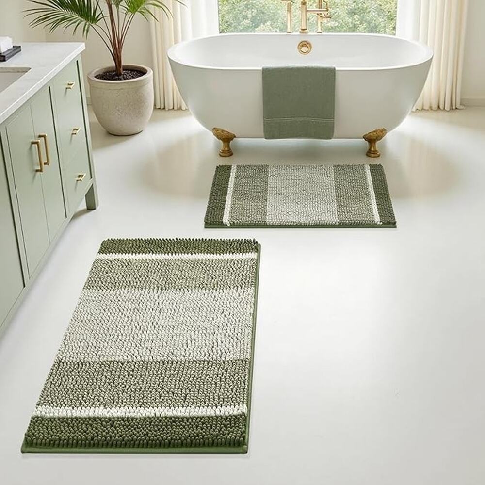 IZOD 2-PC Bath Rug Set, Large 21" × 34" Small 17"×24", Green Chenille Stripe